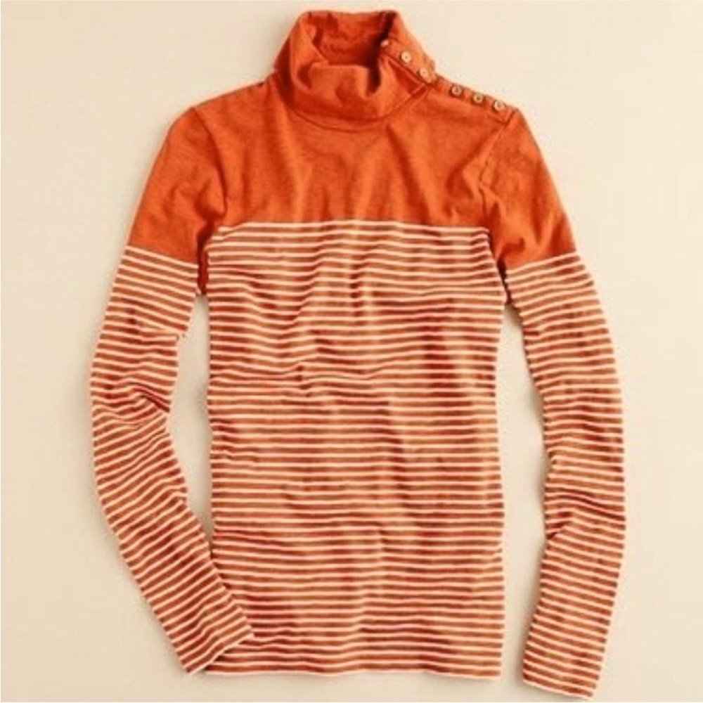 J. Crew Painter Turtleneck Long Sleeve Tee in Orange Stripe-Gold Buttons-M